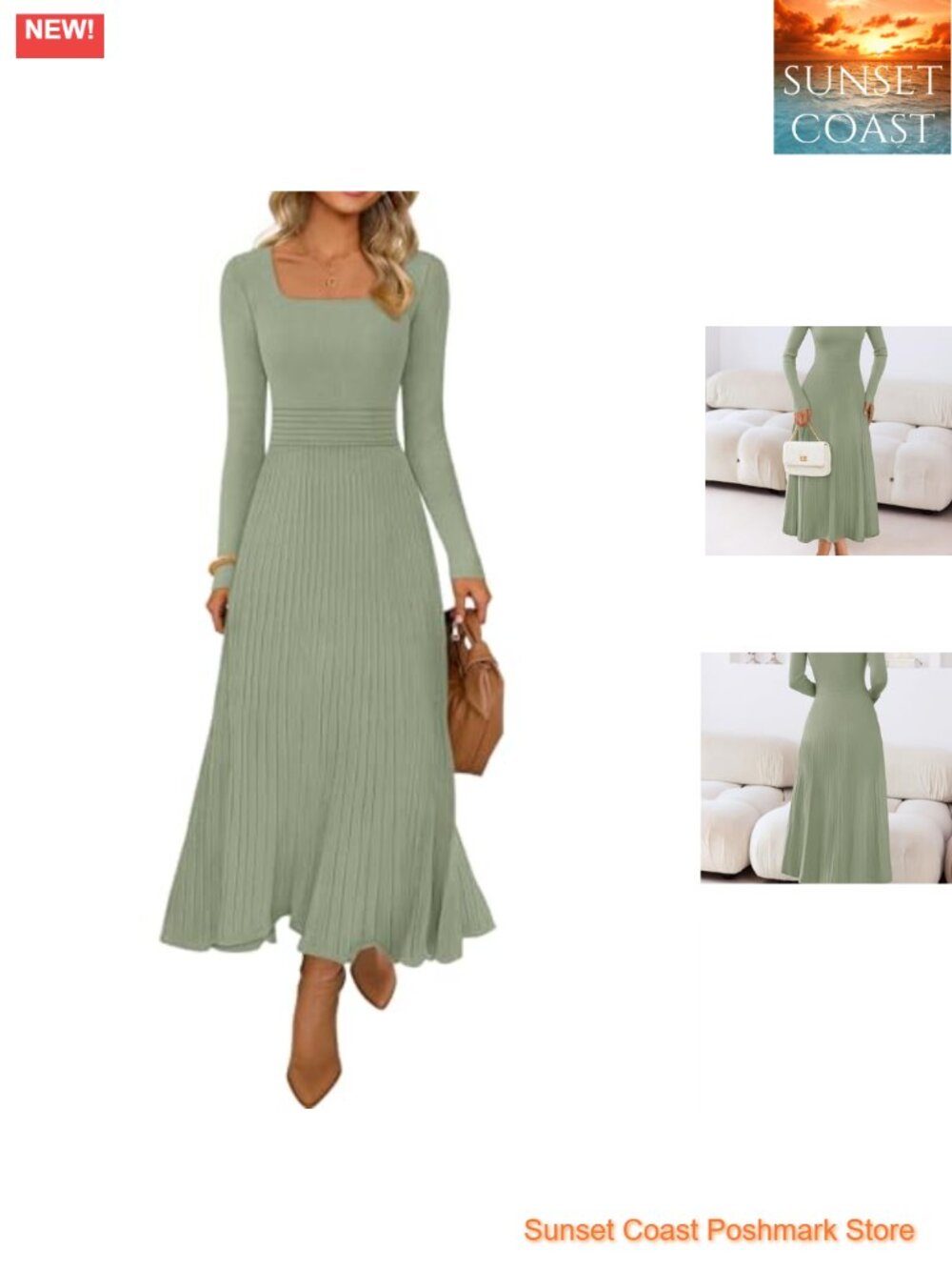 Sweater Dress Midi Long Sleeve Square Neck Empire Waist Knit Fall Winter